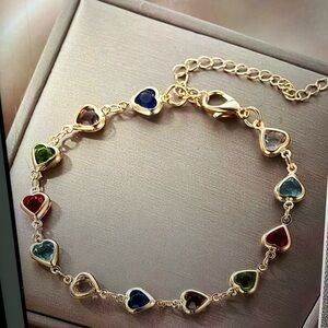 Gold Heart Charm Bracelet with Multicolor Stones